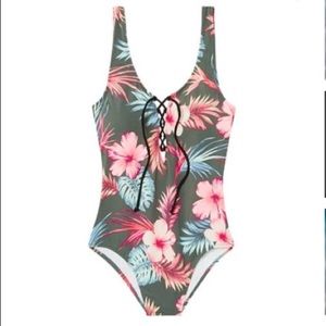 Floral lace up one piece bathing suit